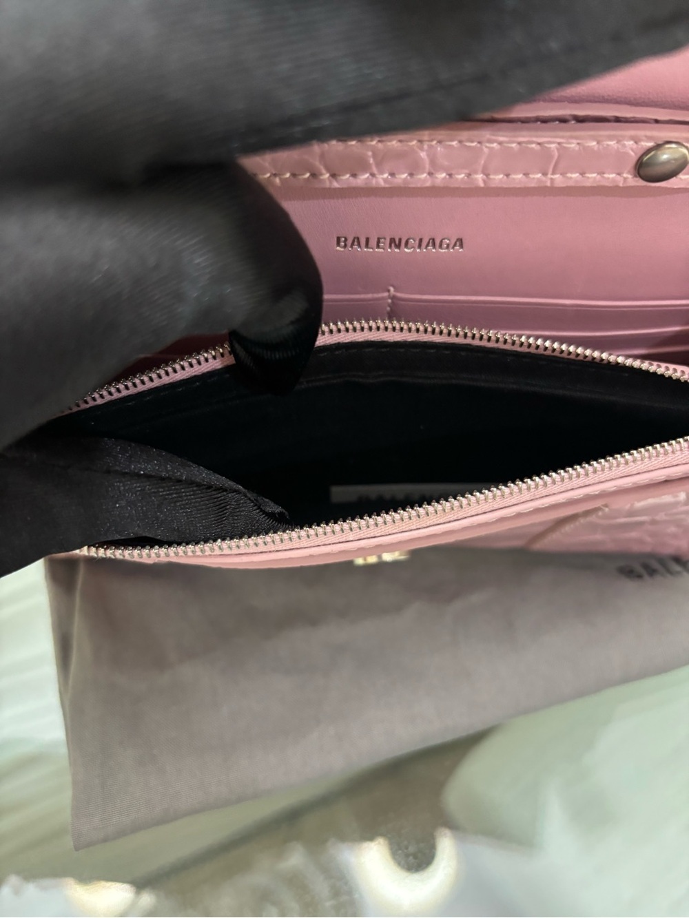 Authentic Balenciaga Pink Croc-Embossed Leather Wallet On Chain - Picture 13 of 14